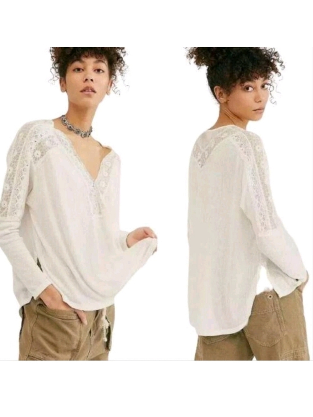 Free People Lace-Trim White Women’s Top Sz XS - Picture 2 of 6